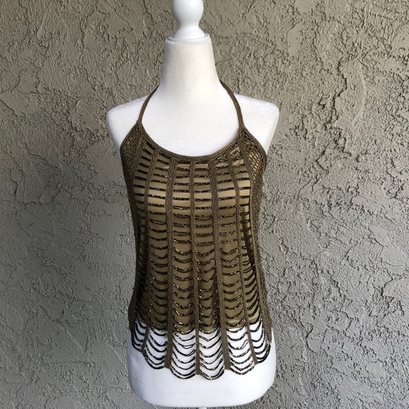 Tops - Army Green Beaded Mesh Halter Top